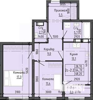 2-к квартира, строящийся дом, 68м2, 20/25 этаж