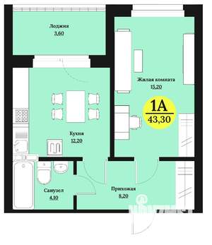 1-к квартира, вторичка, 43м2, 2/12 этаж