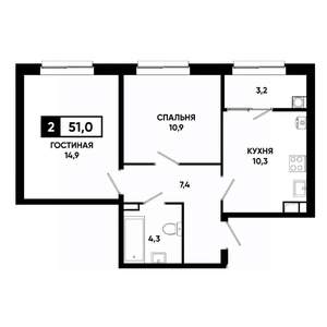 2-к квартира, вторичка, 51м2, 4/19 этаж