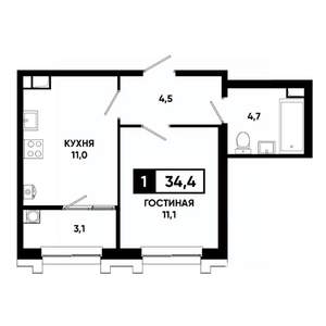 1-к квартира, вторичка, 34м2, 3/21 этаж