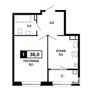 1-к квартира, строящийся дом, 38м2, 7/19 этаж