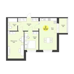 2-к квартира, строящийся дом, 69м2, 8/12 этаж