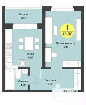 1-к квартира, строящийся дом, 43м2, 7/12 этаж