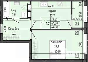 1-к квартира, вторичка, 45м2, 7/25 этаж