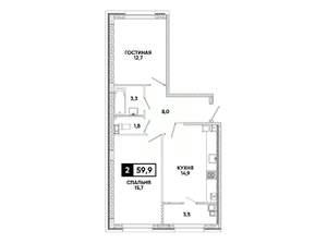 2-к квартира, вторичка, 60м2, 8/8 этаж