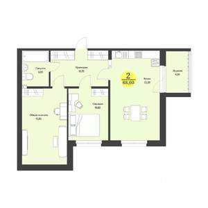 2-к квартира, строящийся дом, 69м2, 6/12 этаж