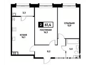 2-к квартира, вторичка, 61м2, 10/16 этаж