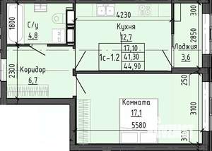 1-к квартира, строящийся дом, 45м2, 18/25 этаж