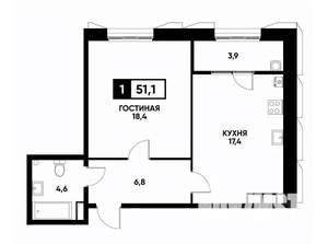 1-к квартира, вторичка, 51м2, 12/18 этаж