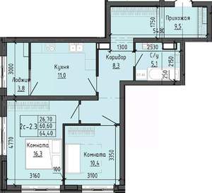 2-к квартира, вторичка, 64м2, 11/25 этаж