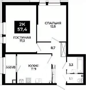 2-к квартира, вторичка, 57м2, 2/24 этаж