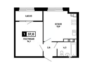 1-к квартира, вторичка, 37м2, 13/14 этаж
