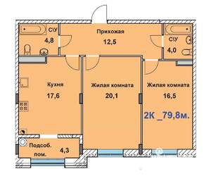 2-к квартира, строящийся дом, 80м2, 3/8 этаж