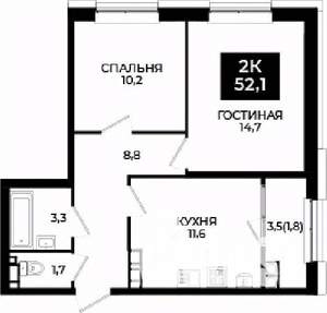 2-к квартира, вторичка, 52м2, 12/24 этаж