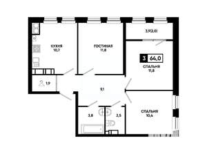 3-к квартира, вторичка, 64м2, 20/24 этаж