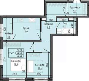 2-к квартира, вторичка, 64м2, 13/25 этаж