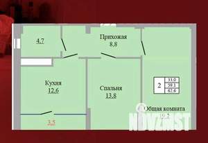 2-к квартира, вторичка, 63м2, 9/9 этаж