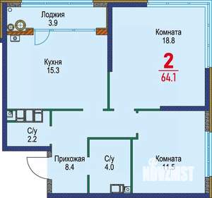 2-к квартира, строящийся дом, 64м2, 4/22 этаж
