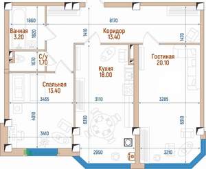 2-к квартира, вторичка, 71м2, 1/8 этаж