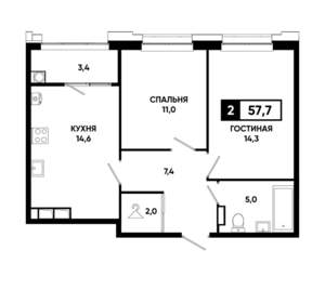 2-к квартира, вторичка, 58м2, 12/20 этаж