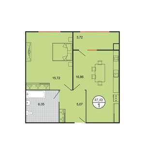 1-к квартира, строящийся дом, 47м2, 1/6 этаж