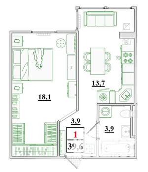 1-к квартира, строящийся дом, 40м2, 1/9 этаж