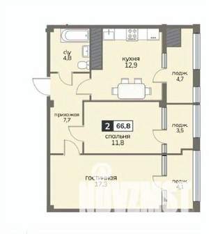 2-к квартира, вторичка, 67м2, 10/12 этаж