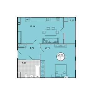1-к квартира, строящийся дом, 47м2, 2/6 этаж