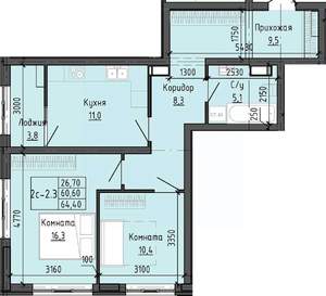 2-к квартира, вторичка, 64м2, 9/25 этаж