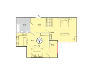 1-к квартира, вторичка, 54м2, 1/6 этаж