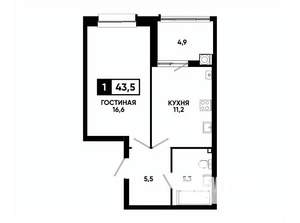 1-к квартира, вторичка, 44м2, 2/16 этаж