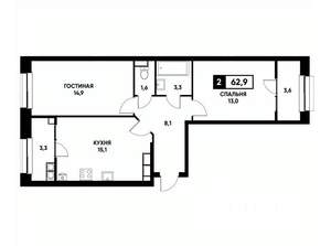 2-к квартира, вторичка, 63м2, 13/22 этаж
