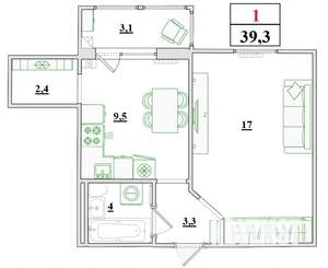 1-к квартира, строящийся дом, 39м2, 8/9 этаж