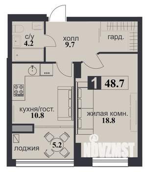 1-к квартира, строящийся дом, 49м2, 2/12 этаж