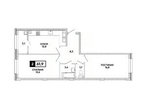 2-к квартира, вторичка, 62м2, 12/16 этаж