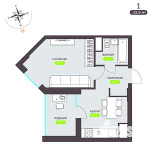 1-к квартира, вторичка, 34м2, 7/19 этаж