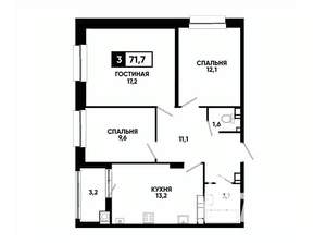 3-к квартира, вторичка, 72м2, 12/24 этаж