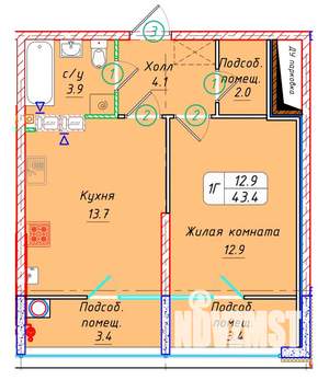 1-к квартира, вторичка, 43м2, 10/22 этаж