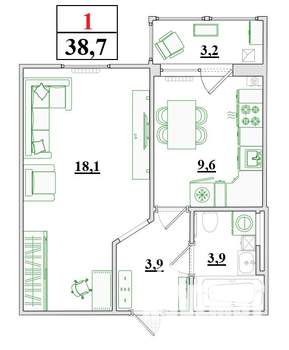 1-к квартира, строящийся дом, 39м2, 7/9 этаж