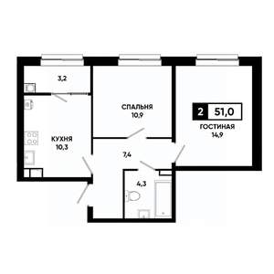 2-к квартира, строящийся дом, 51м2, 8/19 этаж