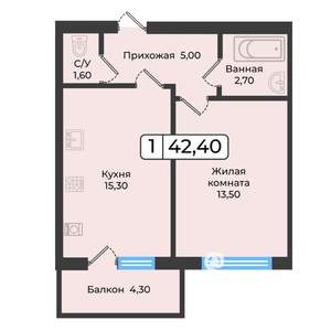 1-к квартира, вторичка, 42м2, 1/5 этаж