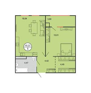 1-к квартира, строящийся дом, 48м2, 3/6 этаж