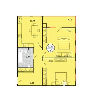 2-к квартира, строящийся дом, 54м2, 2/6 этаж