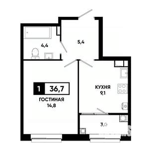 1-к квартира, вторичка, 37м2, 8/19 этаж