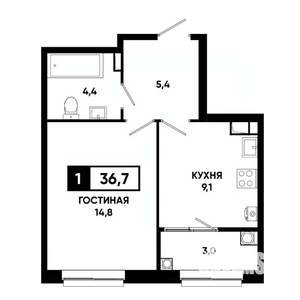 1-к квартира, строящийся дом, 37м2, 10/19 этаж