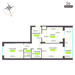 2-к квартира, вторичка, 60м2, 3/19 этаж