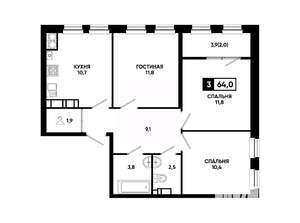 3-к квартира, вторичка, 64м2, 22/24 этаж