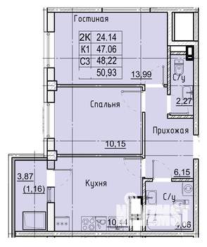 2-к квартира, строящийся дом, 51м2, 20/21 этаж