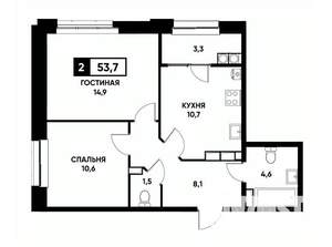 2-к квартира, вторичка, 54м2, 13/22 этаж