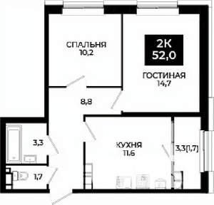 2-к квартира, вторичка, 52м2, 21/24 этаж